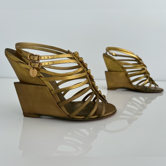 YVES SAINT LAURENT BRONZE GOLD GLADIATOR WEDGE SANDALS SIZE IT 37.5 / US 7.5 - Picture 10 of 17